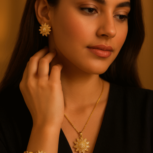 Gold Flower Necklace and Earrings and Bracelet Set